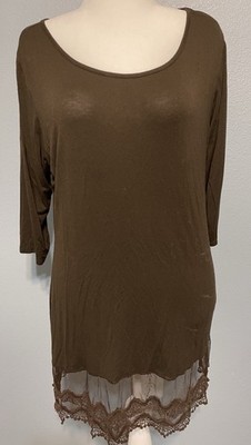 L&B Lucky & Blessed Brown Lace Hem Tunic Boho Western Lagenlook Cowgirl Medium