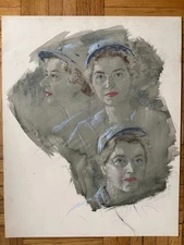 Vintage 1940's Pastel Triple Portrait Working Woman Hugh Walter WWII 24x20 OOAK