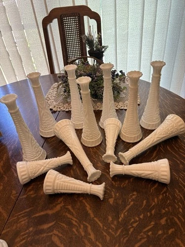 Lot of 9  9” and 4 6” Vtg Milk Glass Stars and Bars Bud Vases