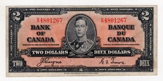 1937 BANK OF CANADA TWO 2 DOLLAR BANK NOTE KR 4801267 NICE BILL COYNE