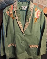 Vtg JenJen Large Green Beads Lace Floral Embroidered Jacket Blazer Cottagecore 