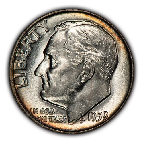 1959 10c Roosevelt Silver Dime - Rainbow Rim Toning - BU - SKU-Y5129