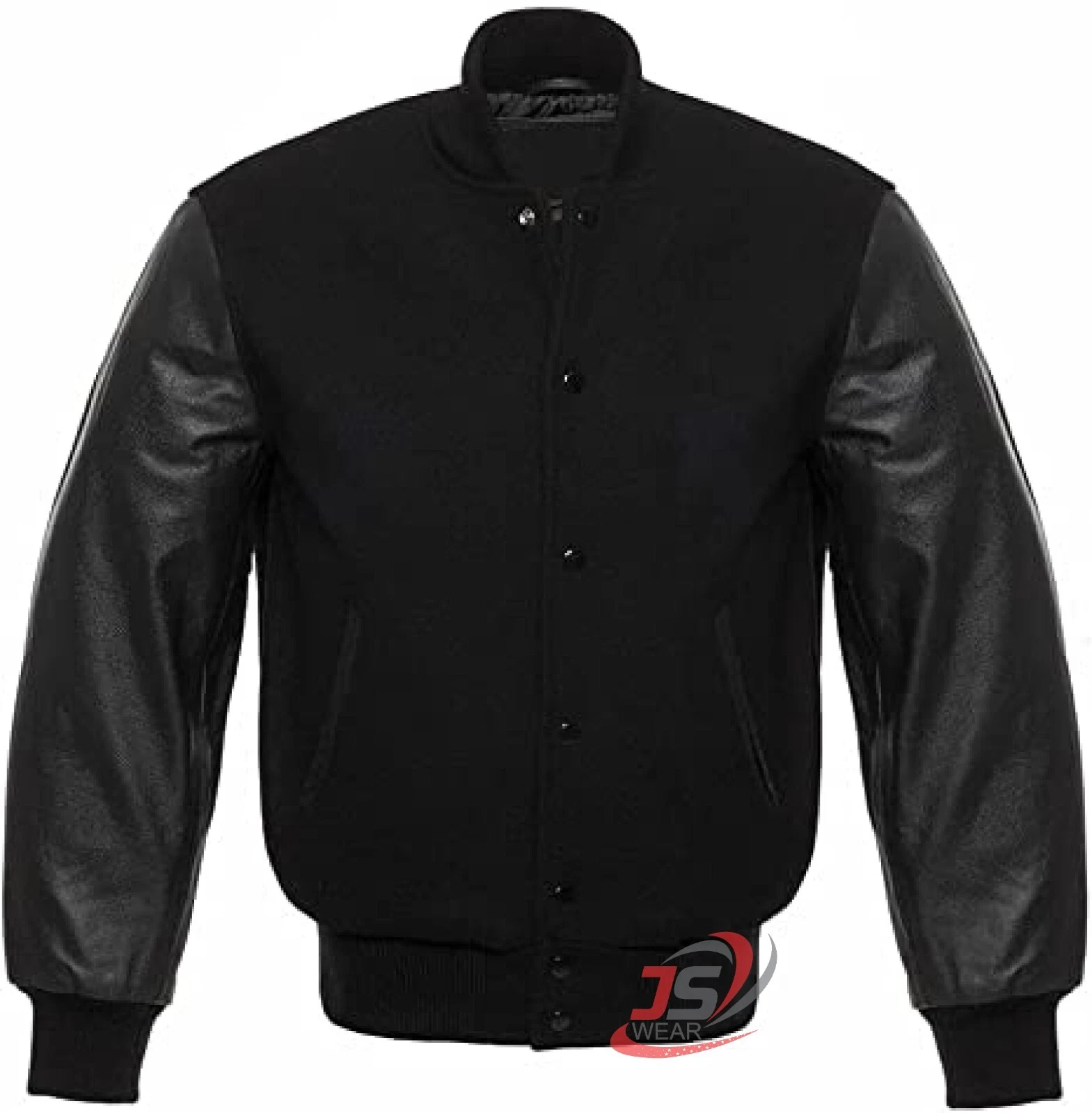 Varsity Bomber Letterman Solid Black Wool & Real Cowhide Leather Sleeves Jackets