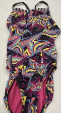 Dolfin Uglies Girl Swimsuit One Piece Multi Colored Geometric Lined 14 Yr NWOT