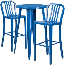 24'' Round Blue Metal Indoor-Outdoor Restaurant Bar Table Set with 2  Barstools