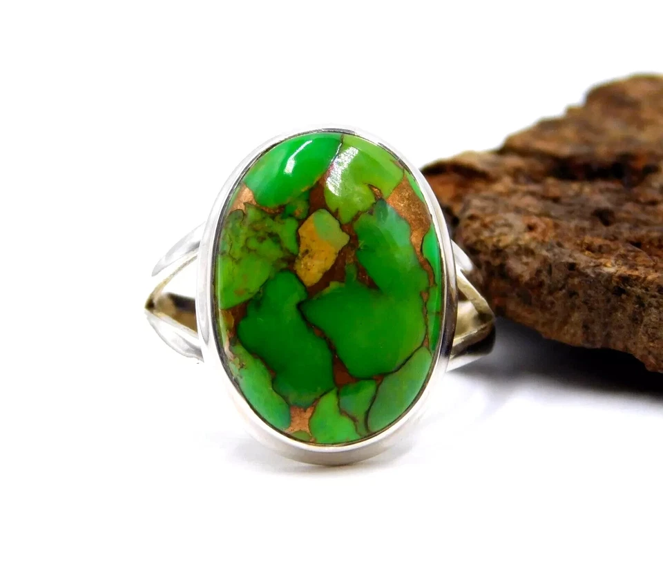 5.65 GM 925 Plata de Ley Verde Natural Cobre Turquesa Cab Piedra Preciosa Anillo - Imagen 2 de 4