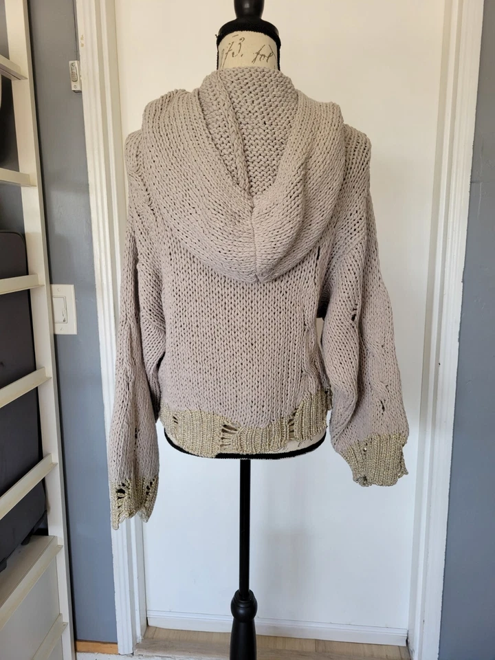 Anthropologie Moth Made in Italy Open Chunky Knit Distressed Hooded Sweater  XS - Image 4 of 4