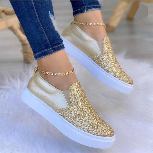Damenschuhe Memory Foam Slipper Freizeit bequem Glitzer Loafer flache Turnschuhe - Bild 4 von 8