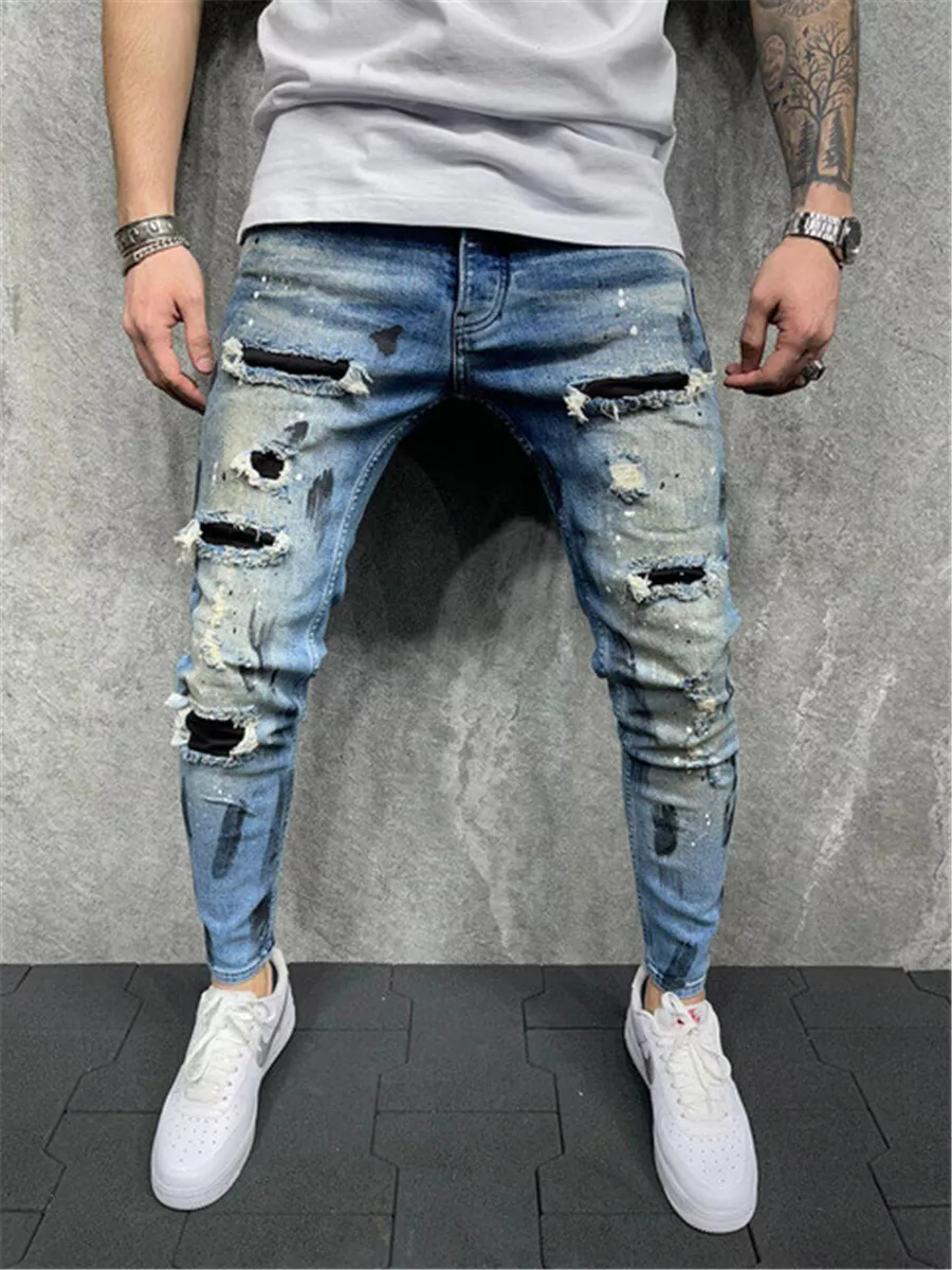 Mens Ripped Distressed Skinny Jeans Denim Pants Casual Slim Fit Hip Hop  Trousers | eBay