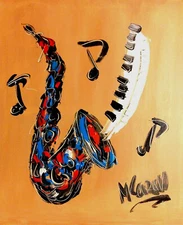 SAXOPHONE   ABSTRACT MUSIC ART - ORIGINAL OIL PAINTING BY MARK KAZAV