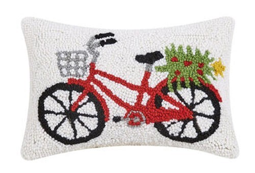 Peking Handicraft New Christmas Red Bicycle Hooked Wool Pillow 8 x 12 - Picture 1 of 1
