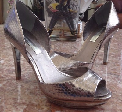 BCBG Maxazria open toe Metallic Gold Snakeskin Pump Shoes