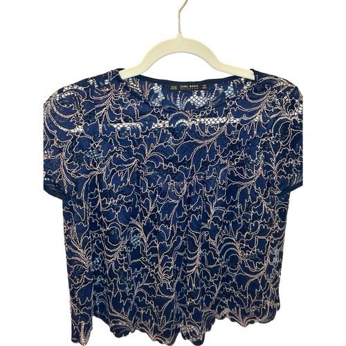 Zara Navy Blue Lace Short Sleeve Blouse Top Shirt Size XS
