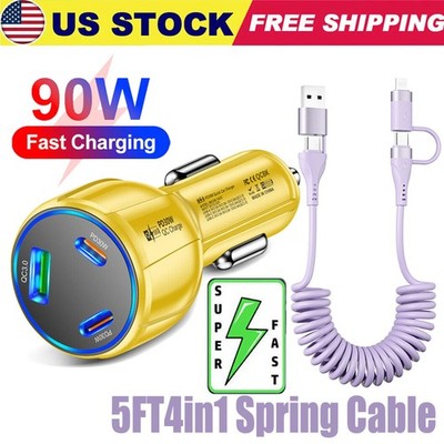90W Super Fast Charging USB Type C Car Charger For Samsung iPhone Android Phone