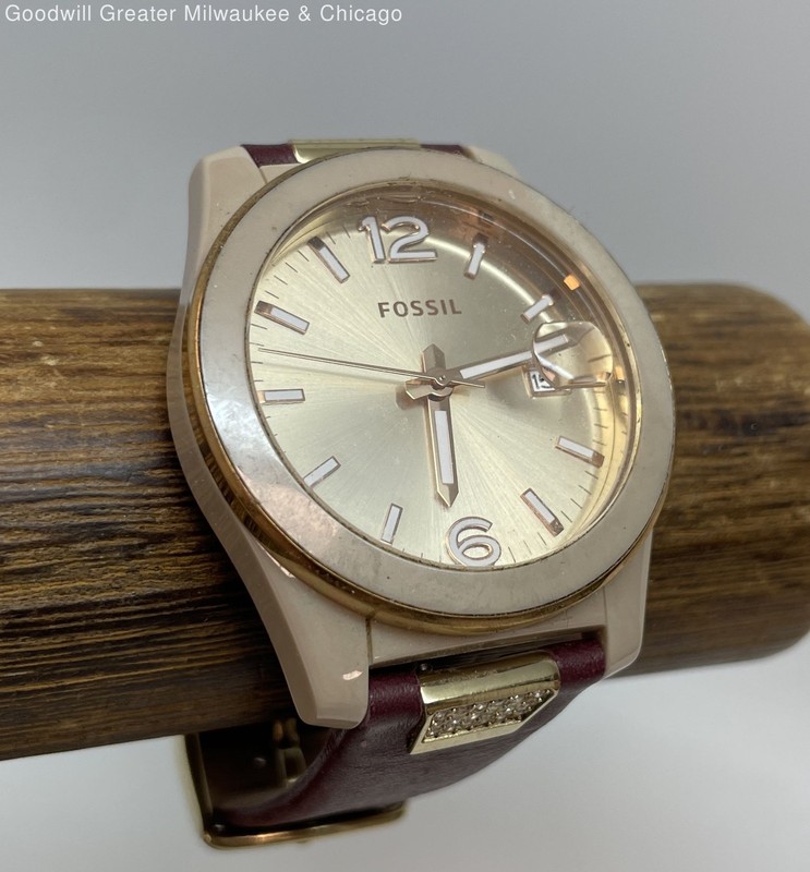 Fossil Gold Tone Red Leather Date Dial Stainless Steel Women's Watch 64.8g