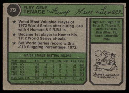 Gene Tenace 1974 Topps #79 Oakland Athletics Good Crease - Foto 2 di 2