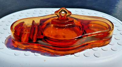Vintage Cambridge amber glass vanity desk set with lid