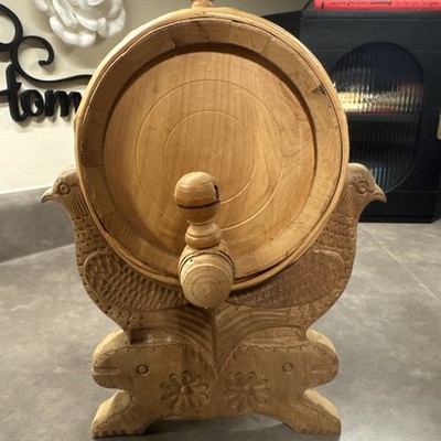 hand carved vintage wood moonshine shot wine barrel dispenser sculpture Folk Art