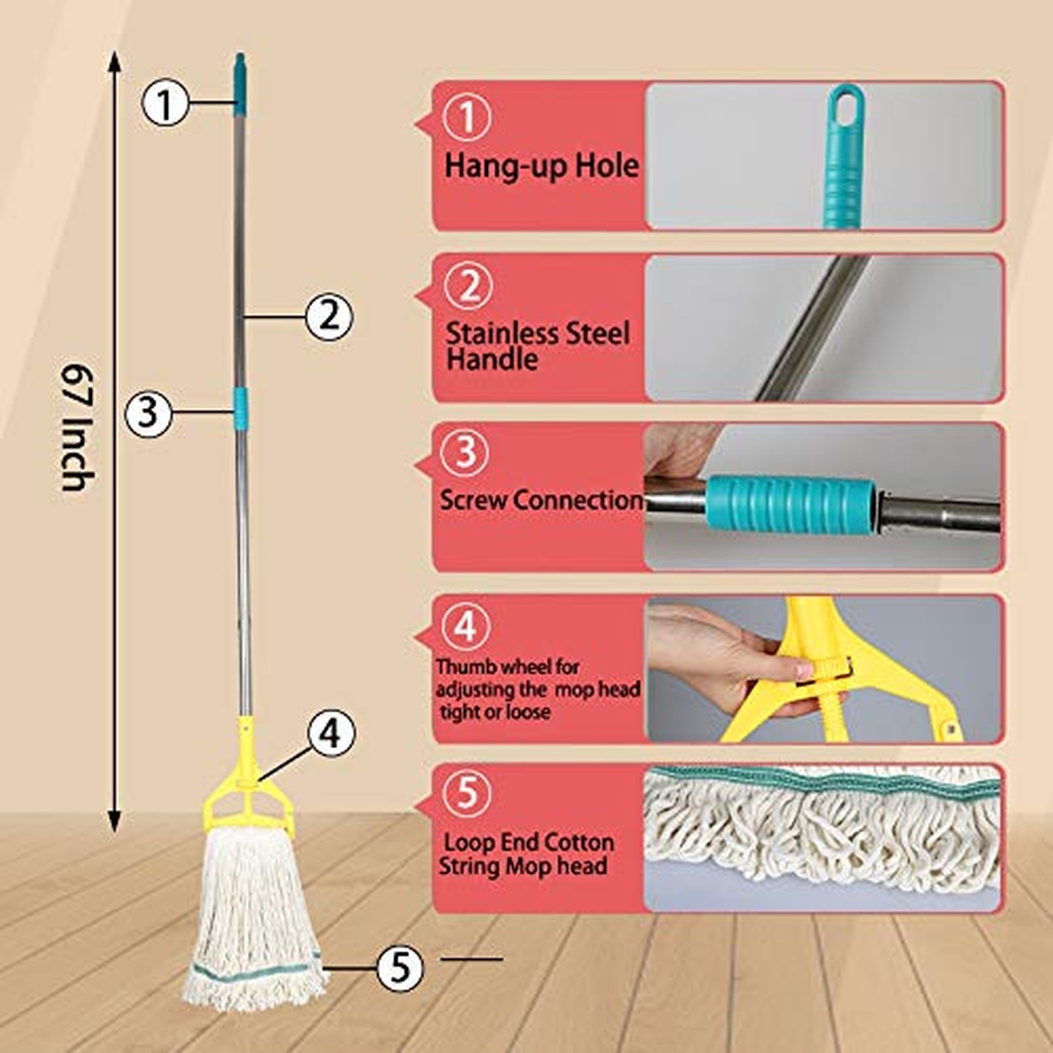 OFO Loop-End String Wet Mop, Heavy Duty Commercial Industrial Dust Mop , 67in...