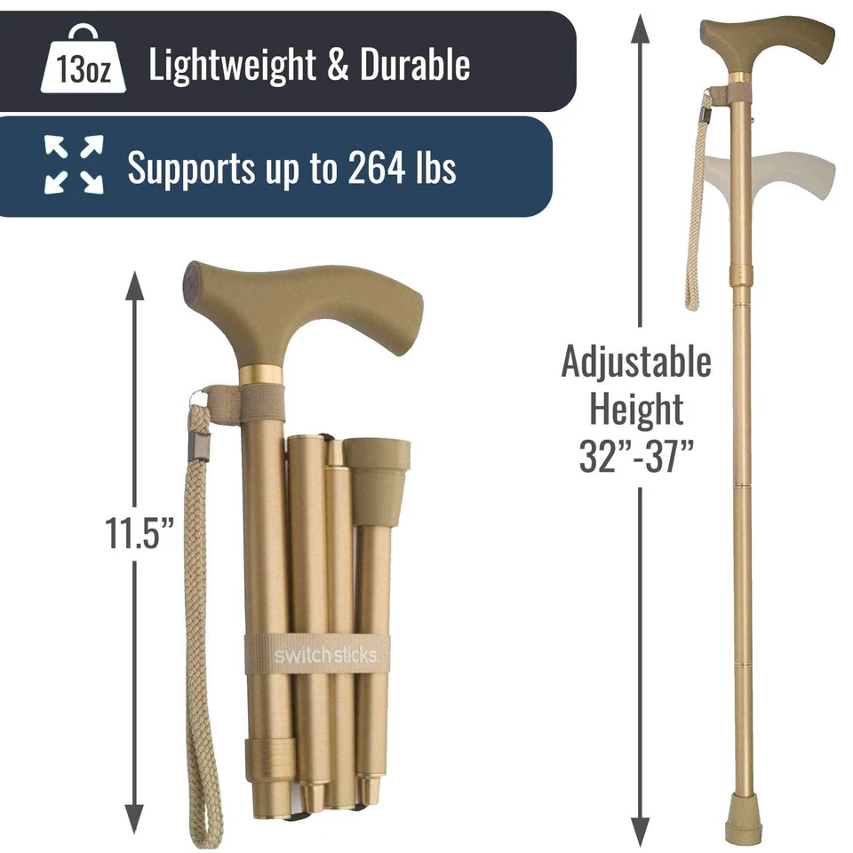 Bastón plegable para caminar, ajustable 32-37", dorado liso de lujo, elegible para FSA/HSA. Foto 4 de 4
