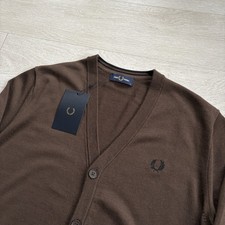 Image of BNWT Fred Perry Classic Cardigan Jumper Mens Size Large Brown Wool Cotton