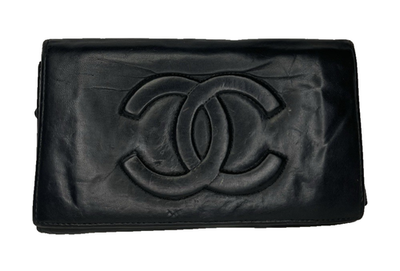 CHANEL ビンテージ財布 Vintage Chanel Black Leather Bi-Fold Wallet Interlocking CC Logo