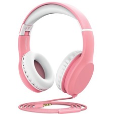 Kids Headphones 3.5mm Laced Cables Over Ear Foldable Mic Pink White 85dB