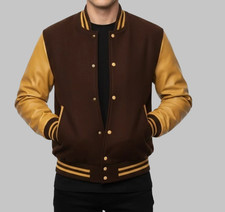 New Varsity Letterman Brown Wool  Real Gold Cowhide Leather Sleeves Jacket