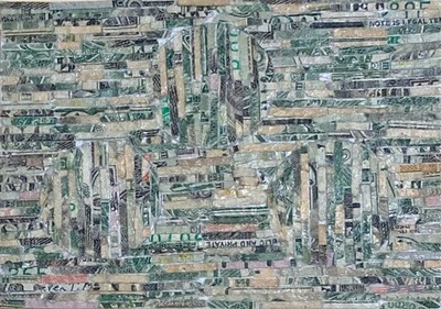ACEO Original/Signed/Shredded Dollar Bills/ 1 Of A Kind Collage/''Three Circles ''
