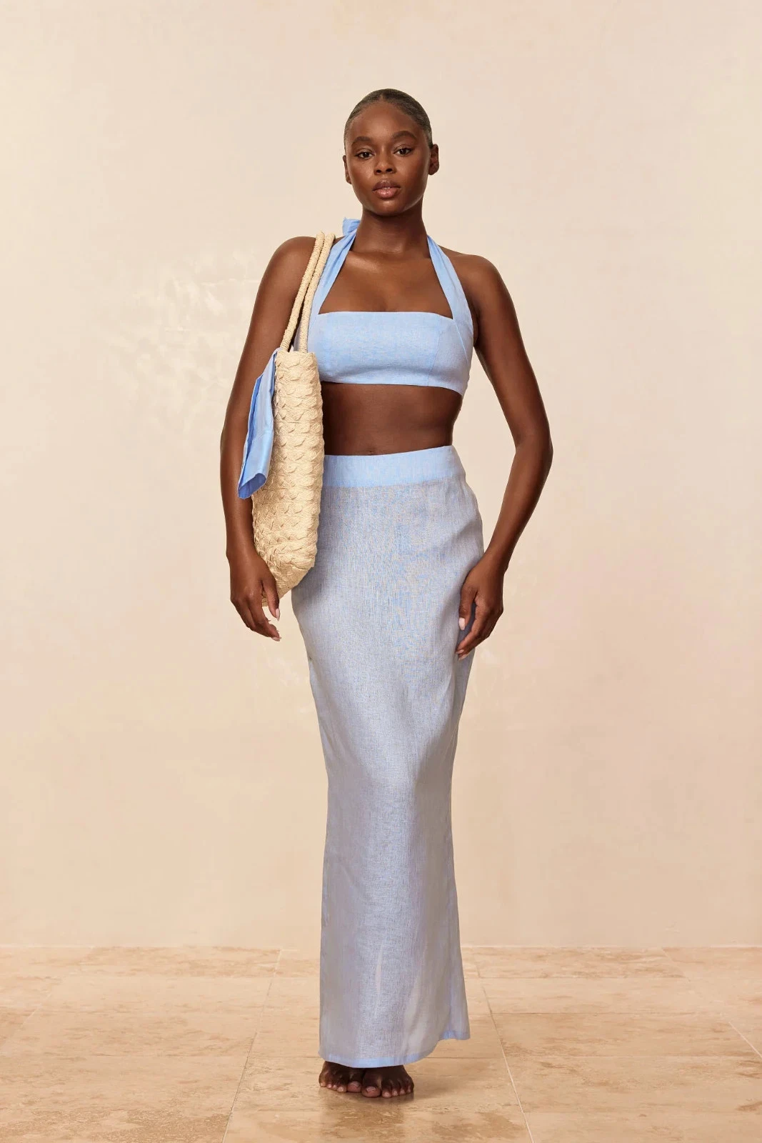 NEW Monday Swimwear Fontelina Skirt Sky Blue Linen Maxi Semi Sheer Size P 0-2