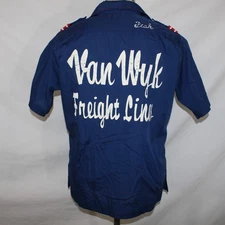 Vintage 1970s King Louie Mens Sz M Blue Chain Stitch Bowling Shirt Epaulets