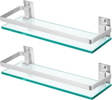 2-Pack Tempered Glass Bathroom Shelf with Rail, 15" x 4.5" Rectangular Shower