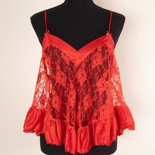 Vintage Women's Tank Cami Top Babydoll Sheer Red Ruffle M Floral Lace Coquette