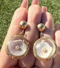 Vintage 1950’s Gold Filled Bubble Dome Aquarium Drop Earrings Shell Pearls