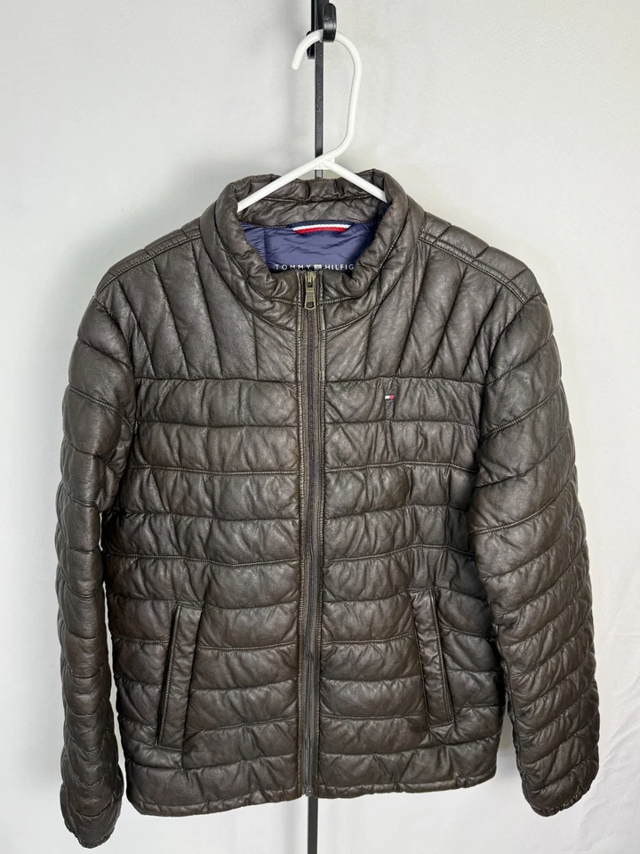 Tommy Hilfiger Chaqueta, Imitación Cuero Puffer, Marrón Acolchado Moto Chaqueta, Cremallera Frontal Foto 2 de 4