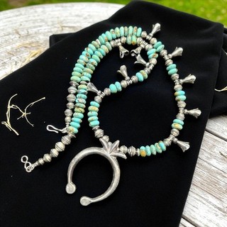 Sterling NAVAJO Pearls SIGNED Begay Squash Blossom Naja VTG Silver Necklace 22"