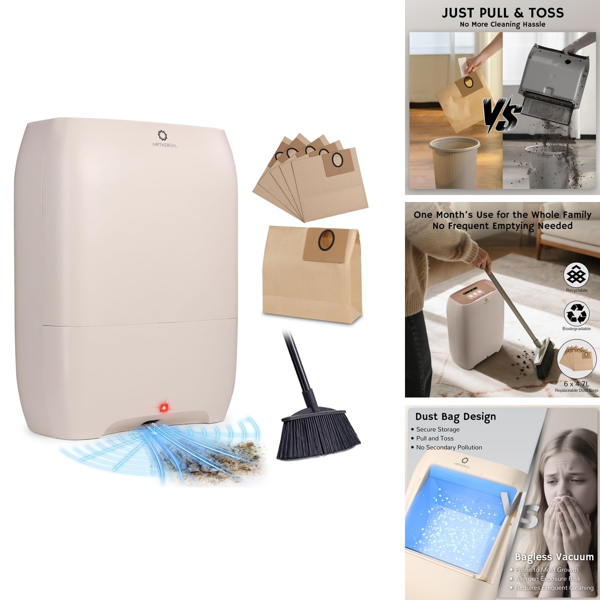 AIRTHEREAL T1 Plus Touchless Vacuum 6-Pack Dust Bags 20Kpa 3 Modes