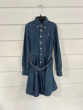 Polo Ralph Lauren Dress Girls Blue Denim Jean Long Sleeve Belted Shirt 8 Y918C