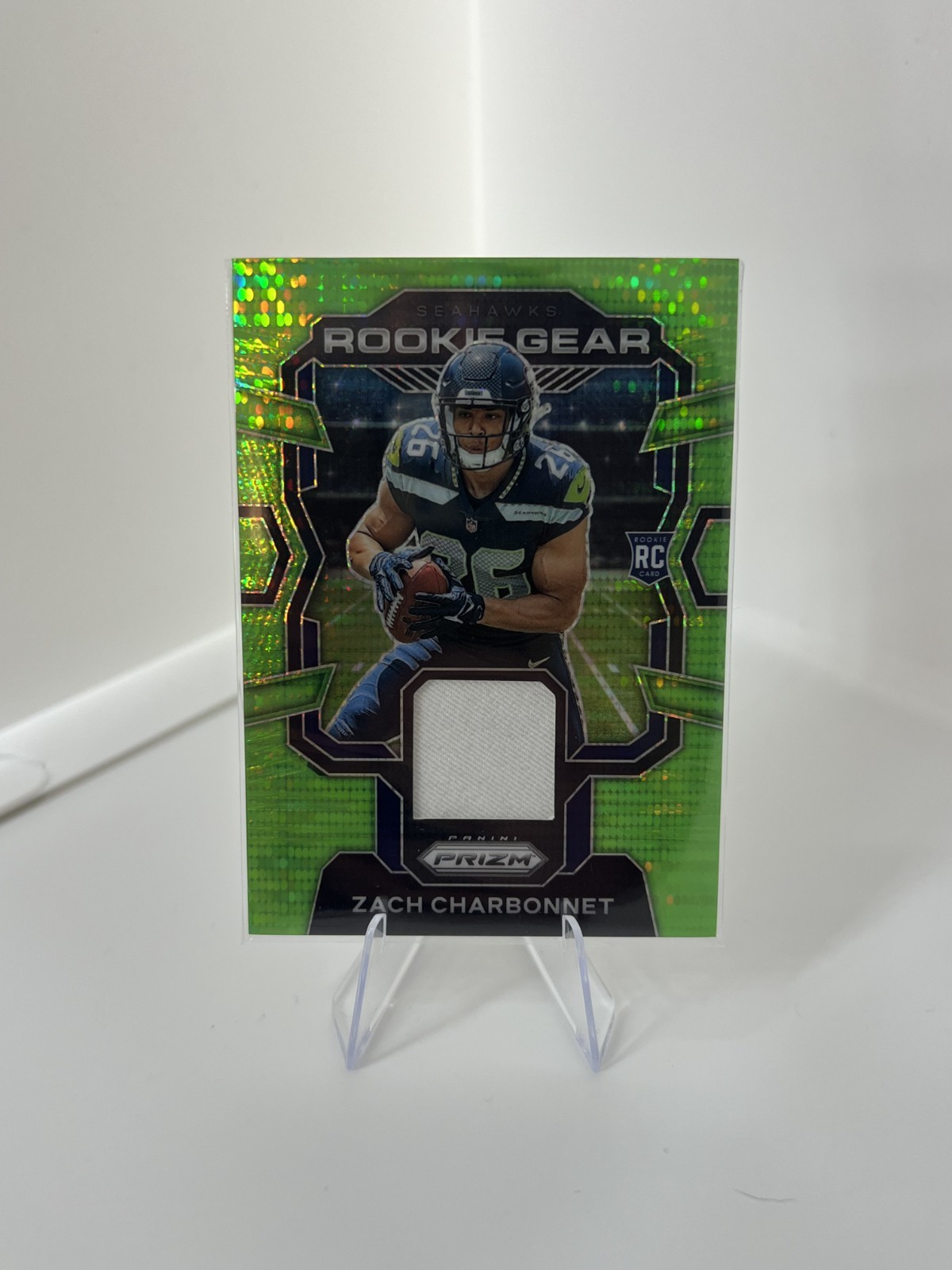 2023 Panini Prizm - Rookie Gear Zach Charbonnet #RG-ZC Neon Green Pulsar Prizm