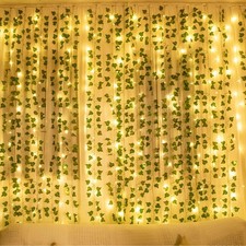 Artificial Ivy Leaf Plants Vine 84Ft 12 Pack with 80 LED String Light Green