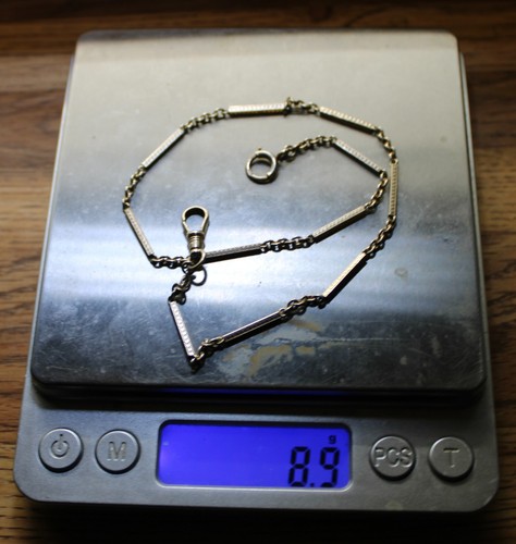 Antique Art Deco 14k White Gold Etched Bar Link Pocket Watch Chain, 8.9 Grams - Picture 3 of 3