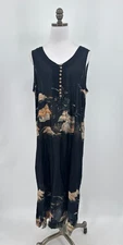 Citron Black Silk Cotton Asian Print Sleeveless Long Tunic Dress Sz XL