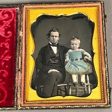 1/4 PLATE DAGUERREOTYPE OF DAD + SON, BLUE TINTED DRESS, BY BOGARDUS, N.Y.