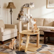 41.3" Modern Wood Cat Tower for Indoor Cats w/ Sisal Posts Perch & Hammock