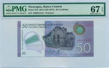 Nicaragua 2014 50 Cordobas Bank Note Superb Gem Unc 67 EPQ PMG