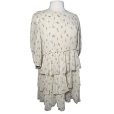 Ganni Tiered Floral Plissé Mini Dress Size US 6 Cream Romantic Boho Ruffle Dress