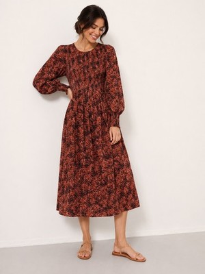 FAT FACE Mabel Dusky Purple Vintage Texture Midi Brown Dress Size UK 12 *VGC*.