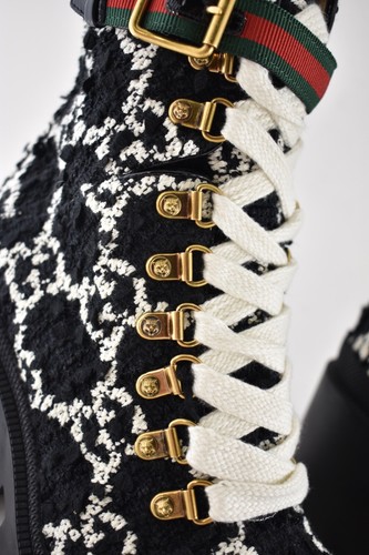 Gucci Black White GG Logo Tweed Lace Up Tie Block Heel Lug Sole Combat Boot 36.5 - Picture 9 of 17
