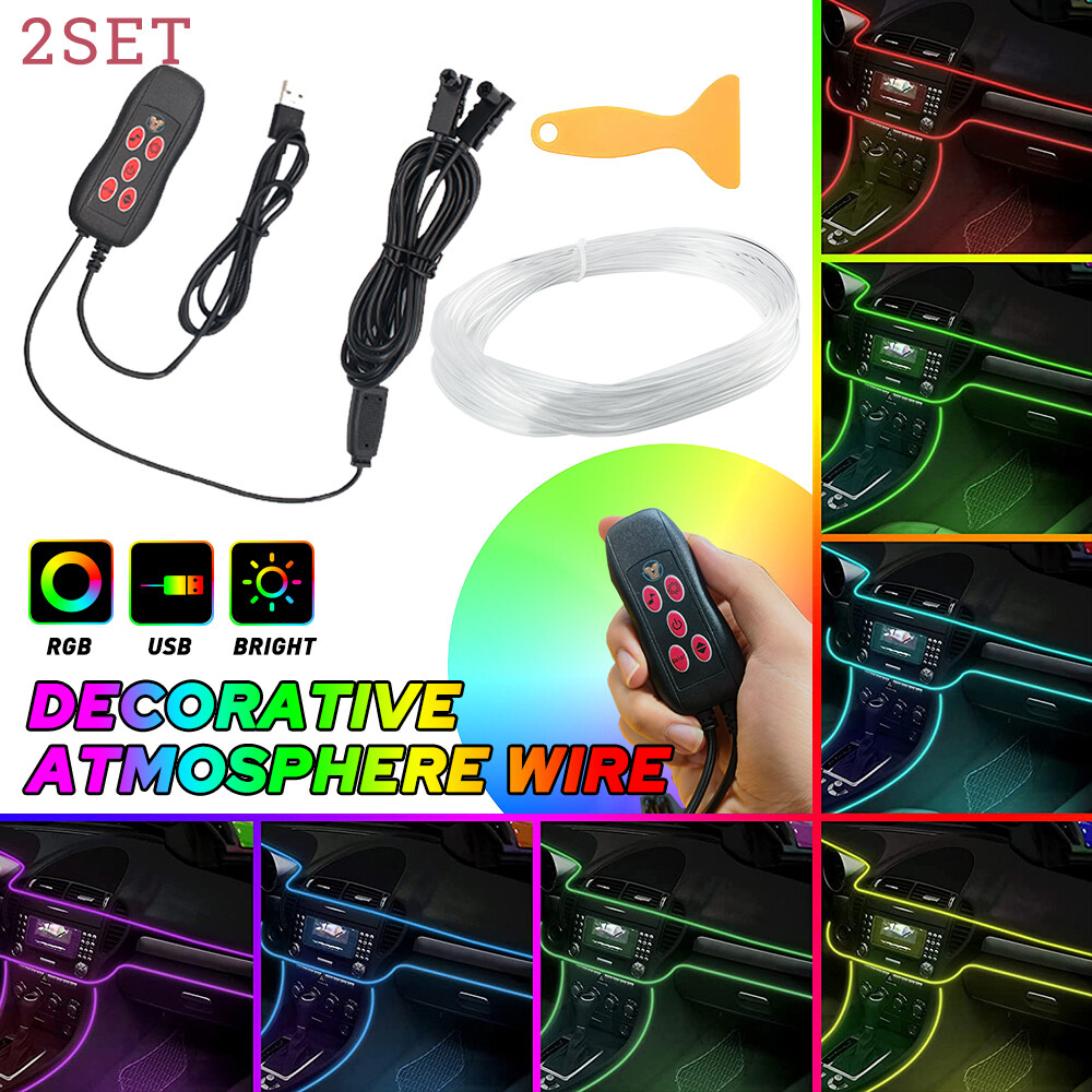 2set 4m RGB USB 2in1 Car Atmosphere Wire Strip Light Bar LED Decor Trim Accessor