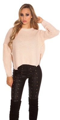 Damen Strickpullover Trendy Pulli Elegant Sweater Kurz Hoodie Rosa  XS S M